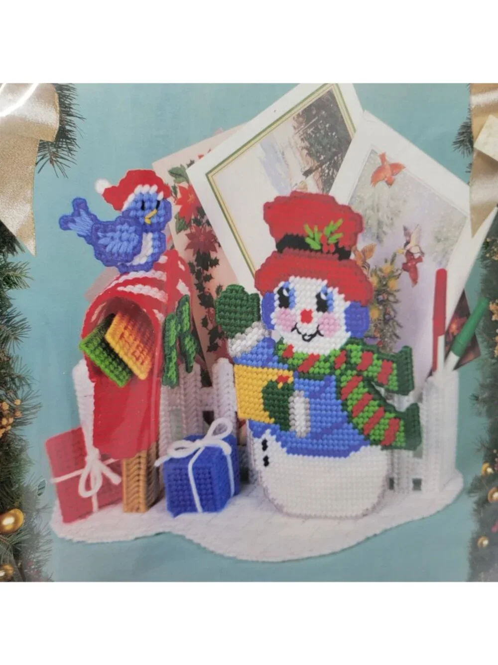 BUCILLA Christmas Kit #6144 Snowman Card Holder Needlepoint Vintage 1991 Sealed